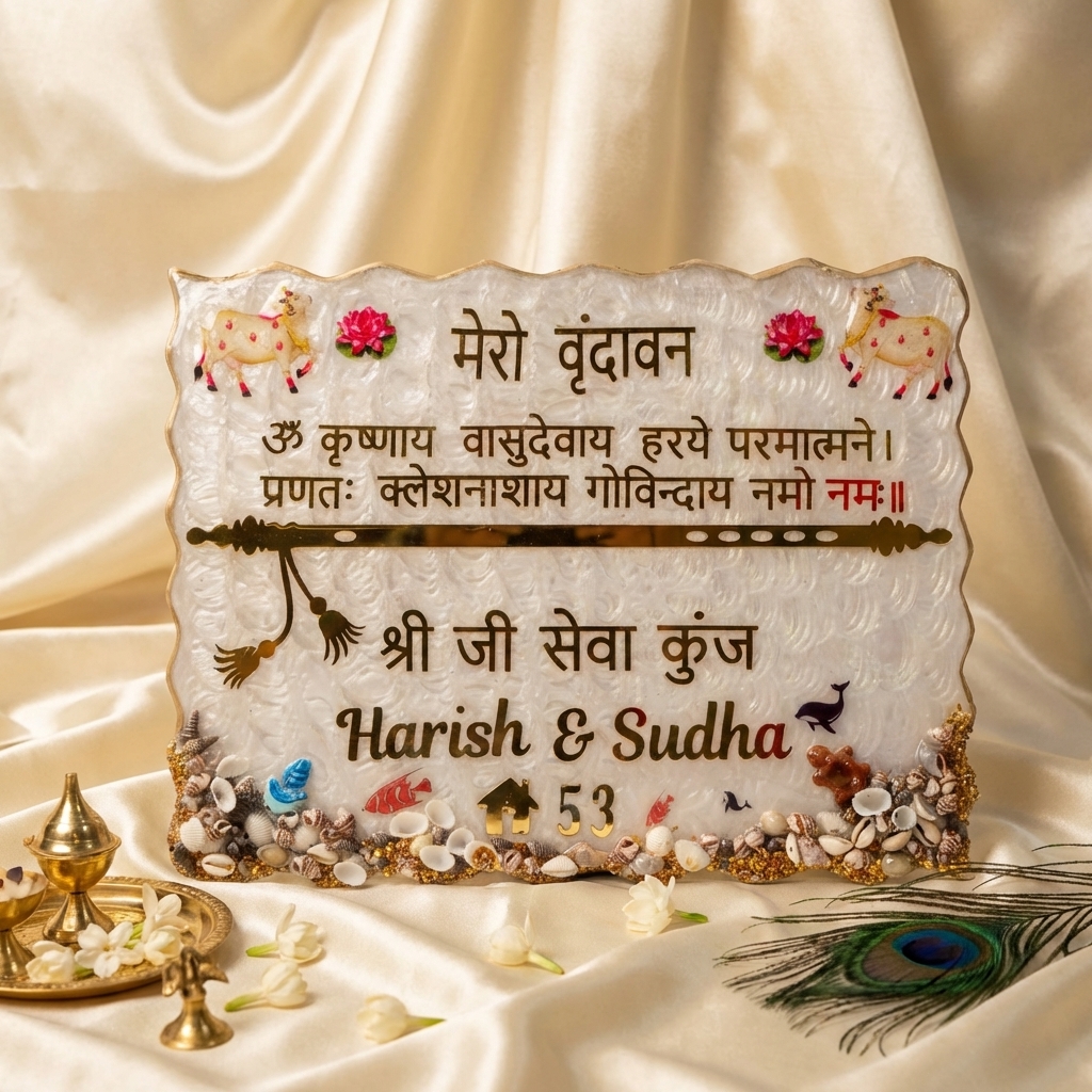 Personalized Krishna Vrindavan resin name plate with mantra and seashell decoration