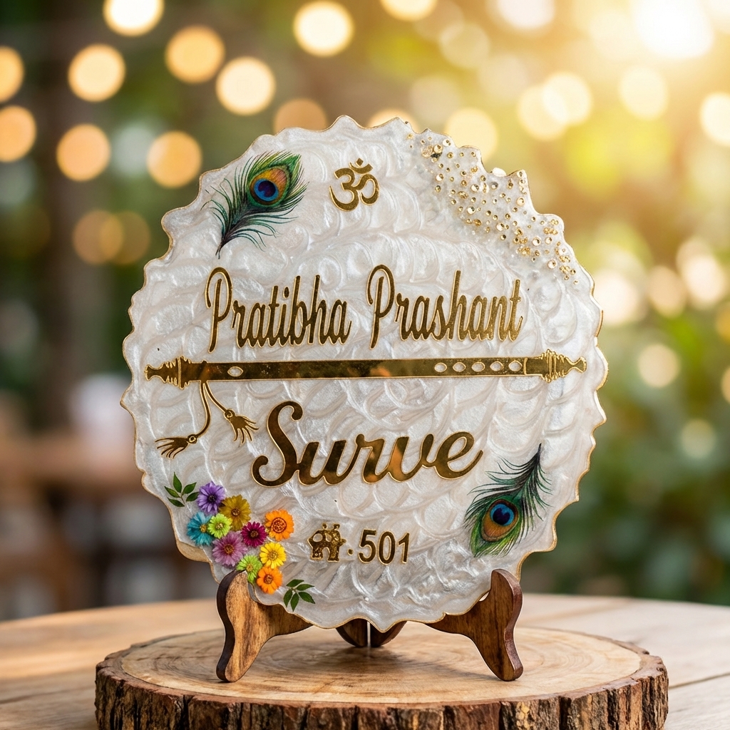 Customized peacock theme resin name plate with Om symbol and flute design