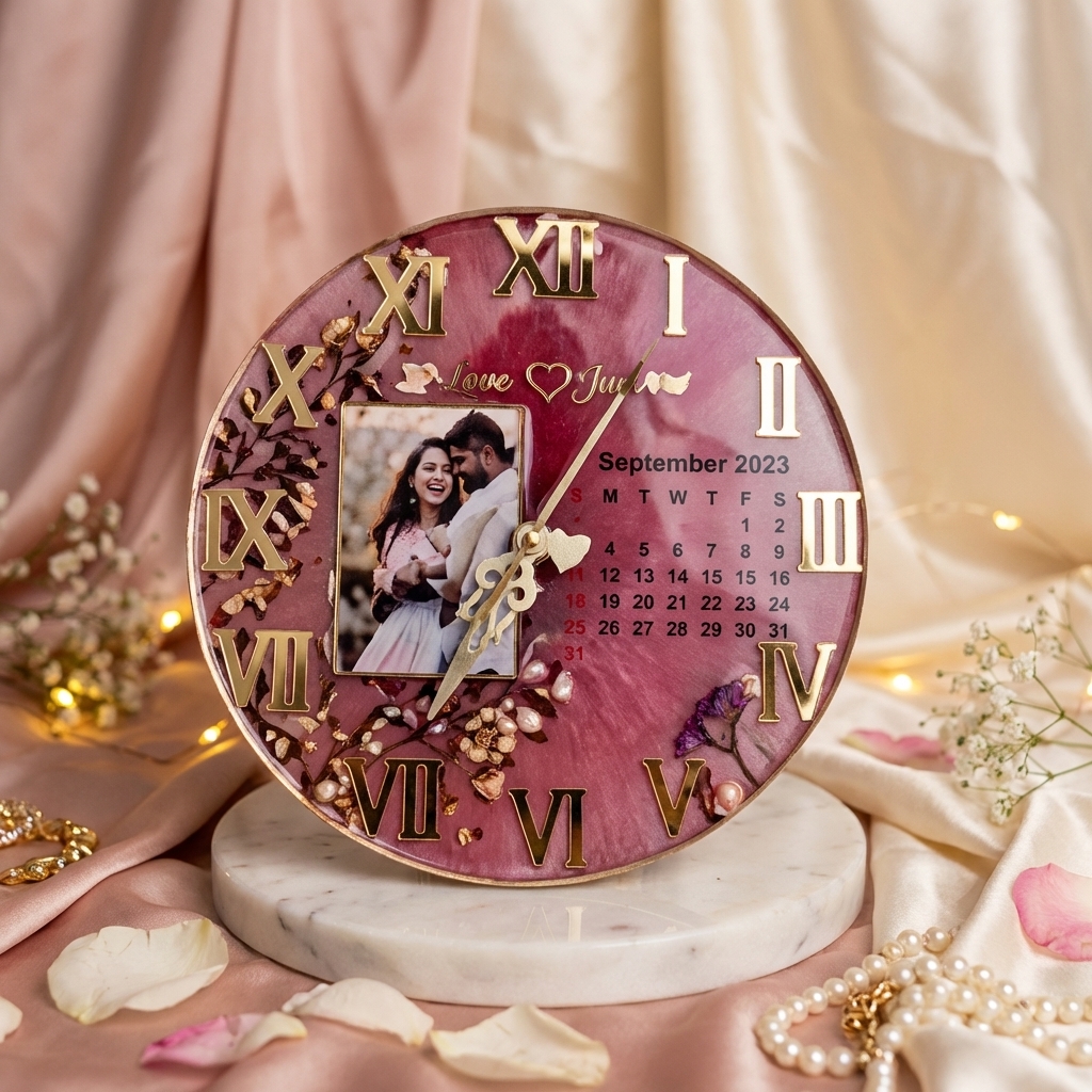 Personalized photo frame wall clock with calendar and couple picture