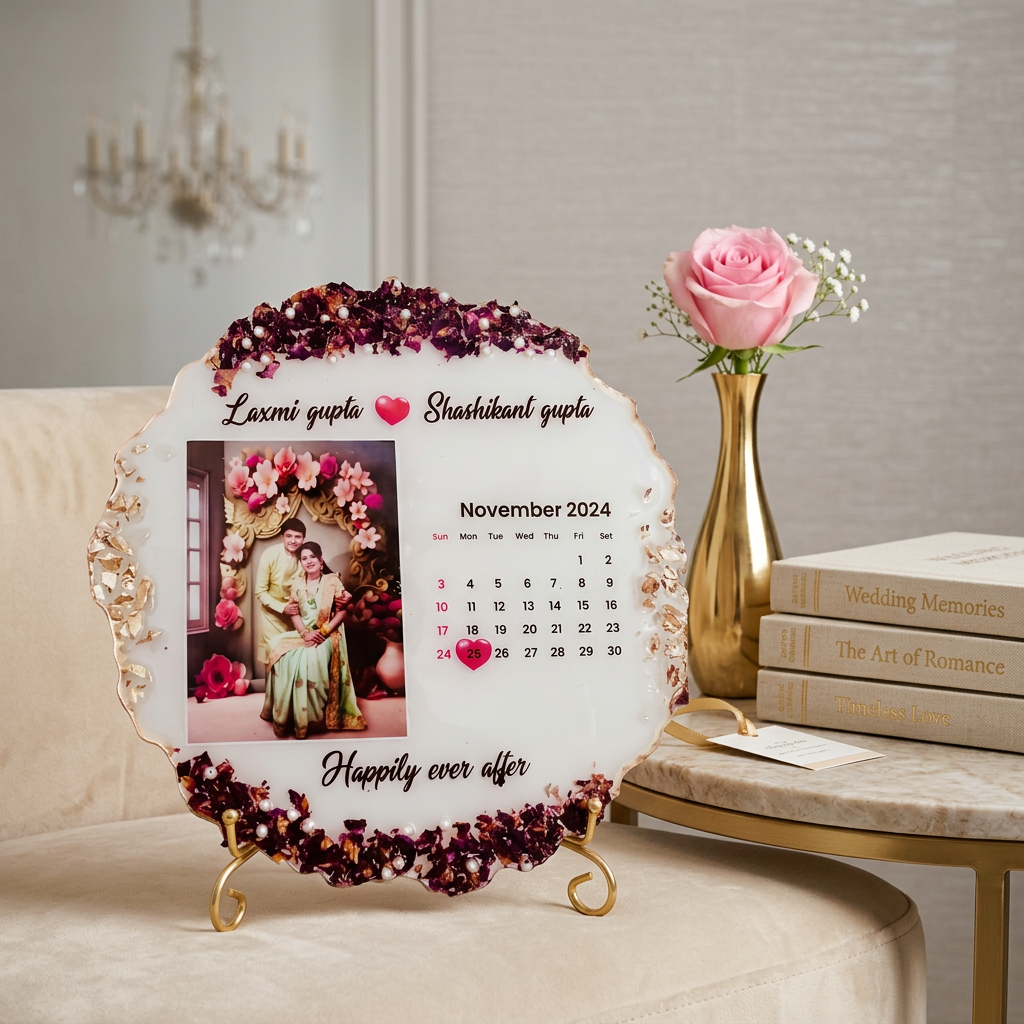 Personalized resin calendar photo frame with couple names photo and highlighted wedding date