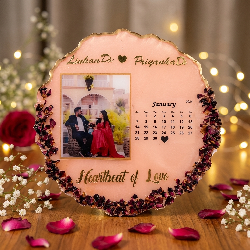 Personalized resin calendar photo frame with dried roses custom couple photo and highlighted date