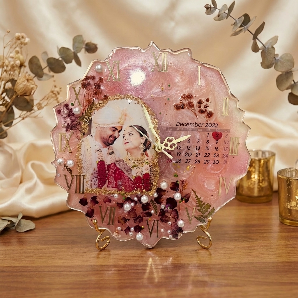 Personalized Resin Photo Clock Frame with Calendar Date Wedding Memory Frame