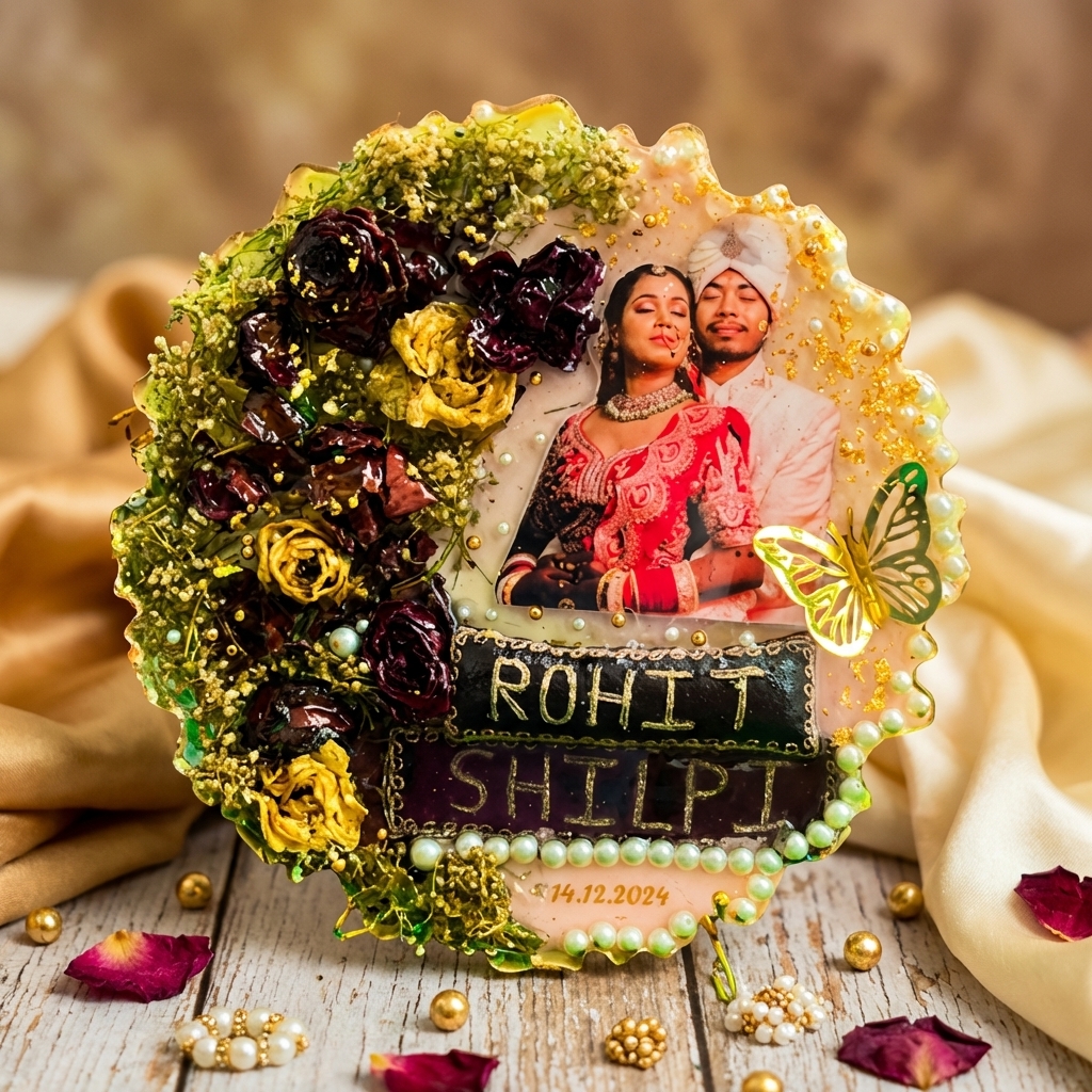 Personalized resin wedding memory frame with dried flowers couple photo and golden flakes