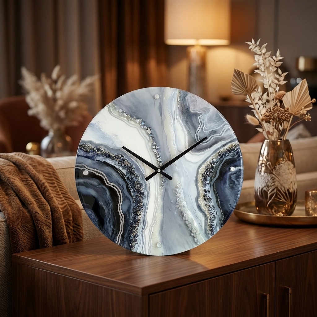 Handcrafted marble resin wall clock grey black abstract modern design