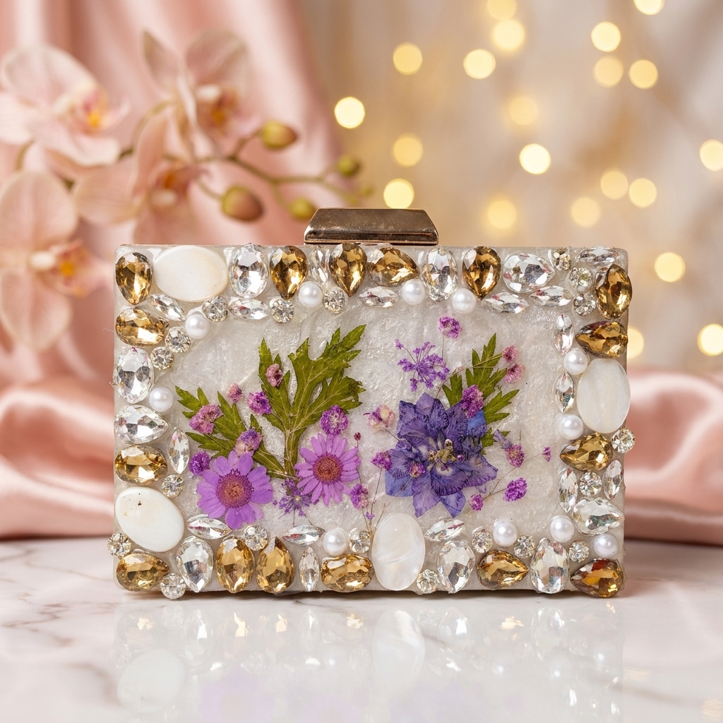 Handmade resin clutch with real flowers and crystal embellishments