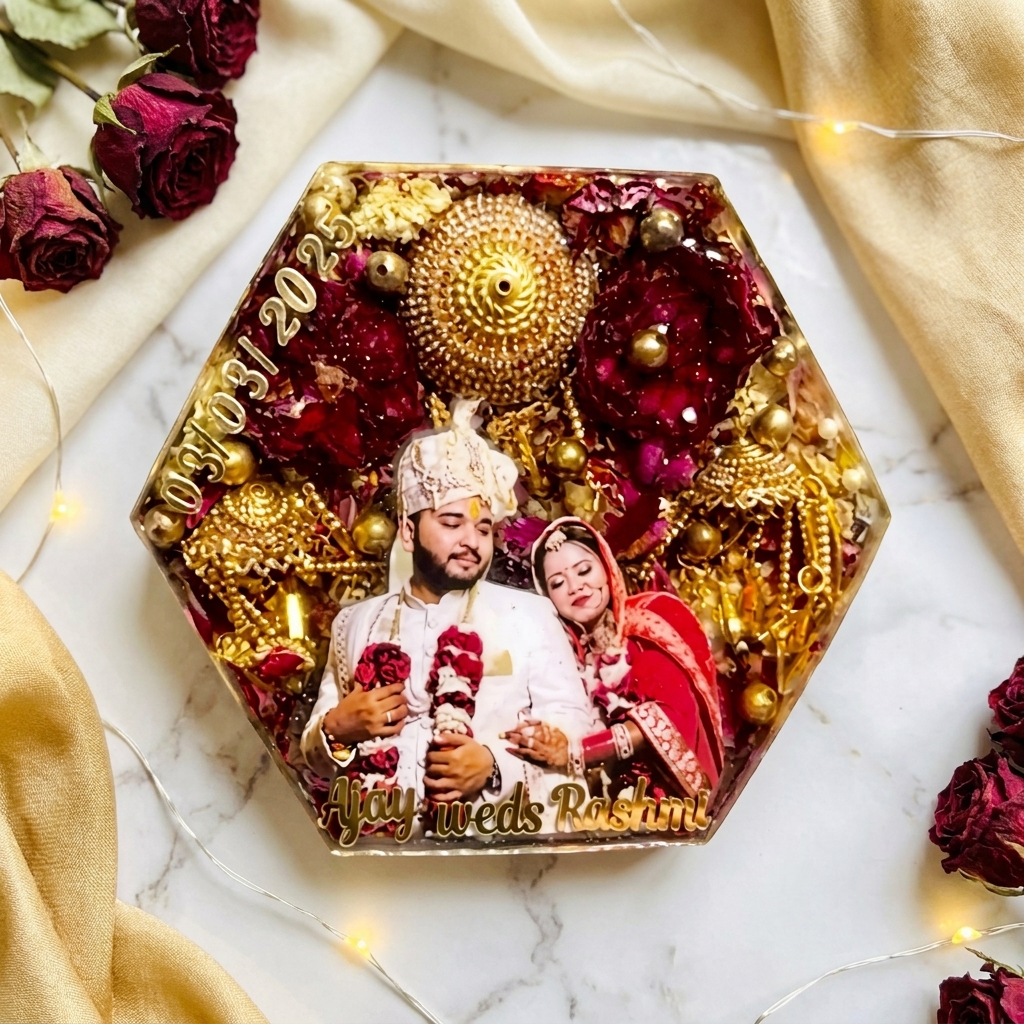 Hexagon wedding memory preservation frame with photo red flowers and gold design