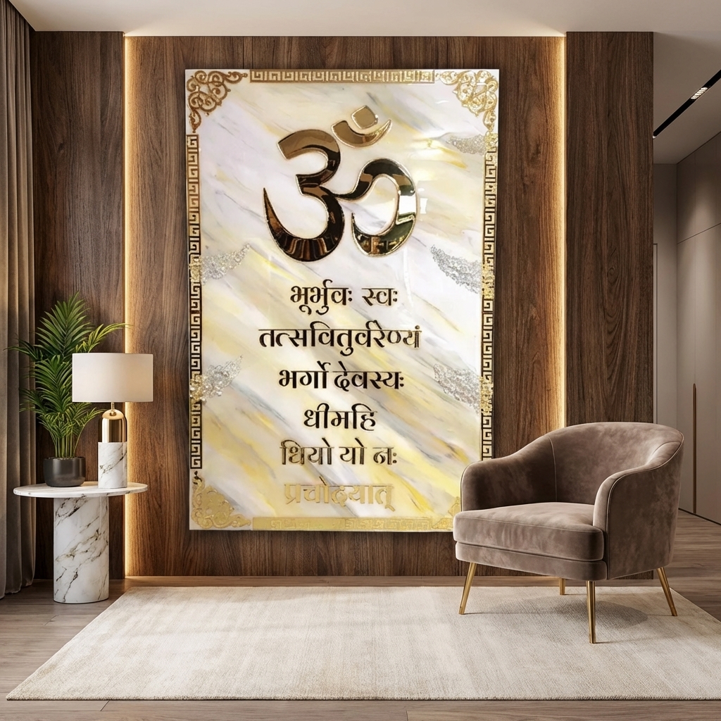 Om Gayatri Mantra Handmade Resin Frame with gold Om symbol and marble finish for home decor
