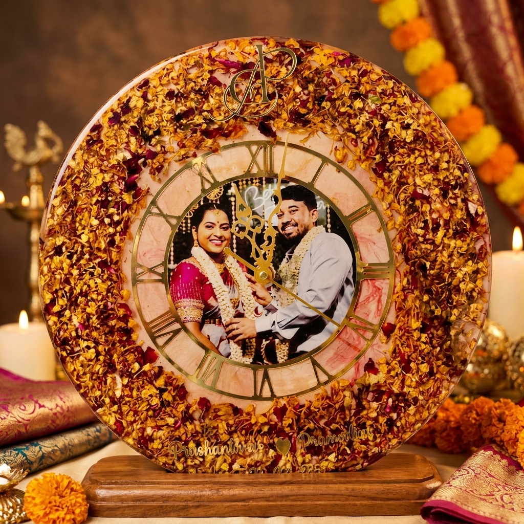Varmala preservation resin clock with photo and golden floral wedding design