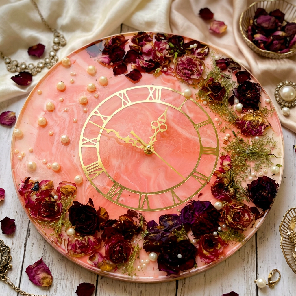 Varmala Preservation Resin Clock with real flowers and pink floral design
