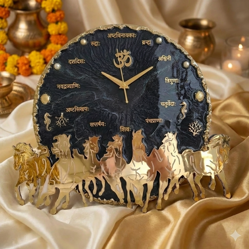 Vastu Collections Resin Wall Clock black gold festive om horses handmade decor