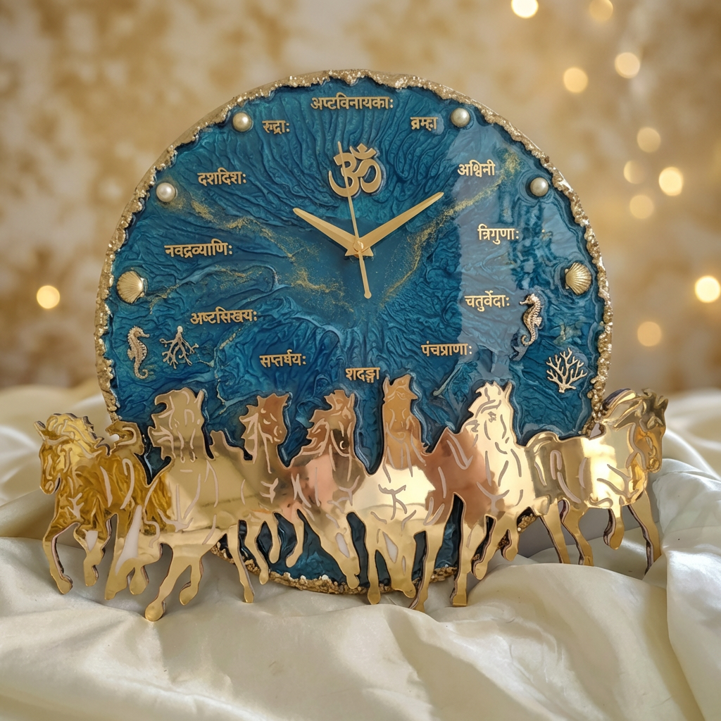 Vastu Collections Resin Wall Clock blue om symbol horses handmade decor
