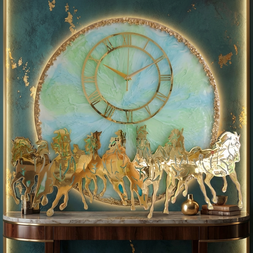 Vastu Collections Resin Wall Clock green gold geode horses handmade decor