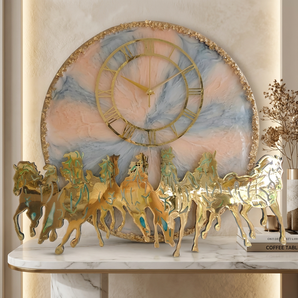 Vastu Collections Resin Wall Clock pastel pink blue gold horses handmade decor