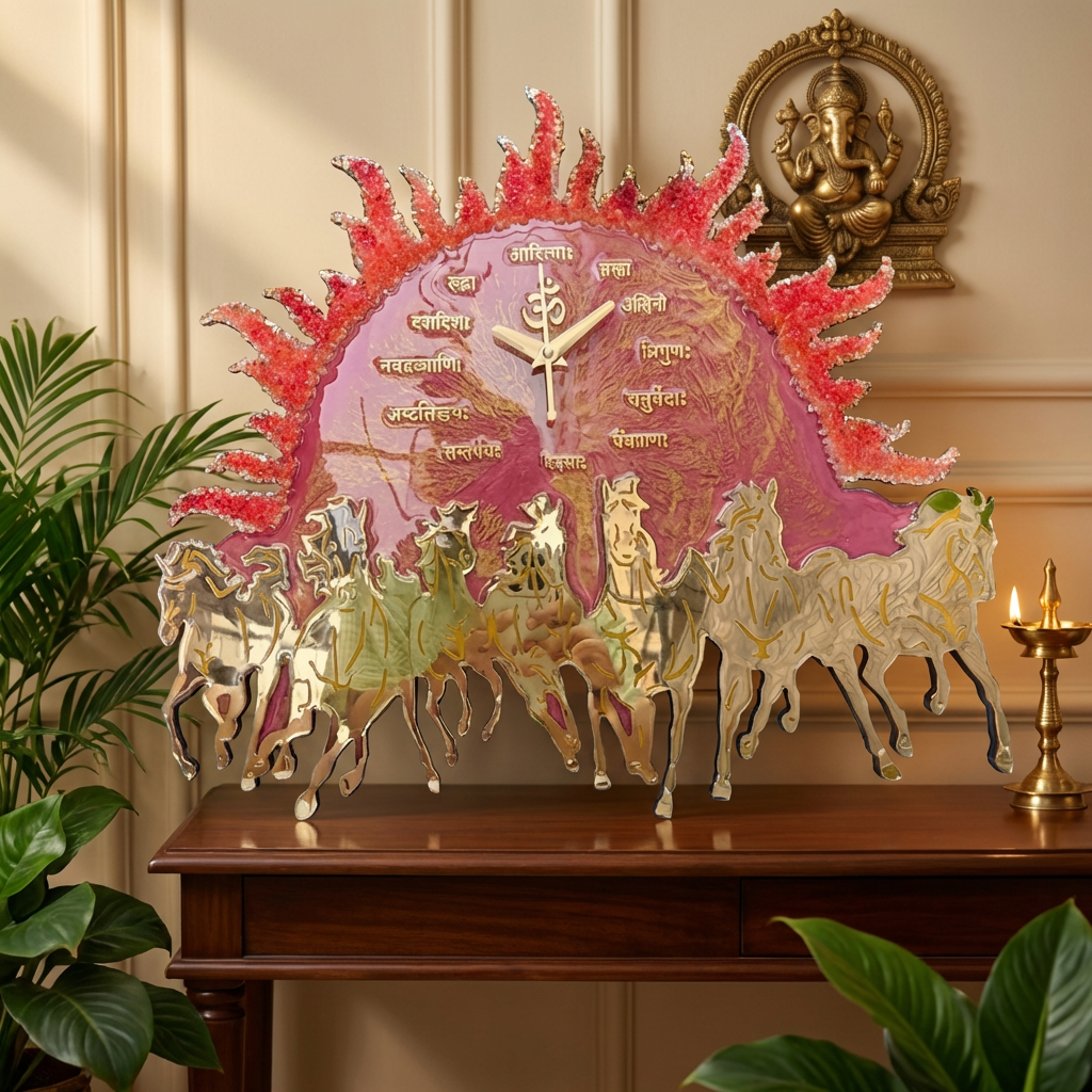 Vastu Collections Resin Wall Clock red gold sunburst om horses handmade decor