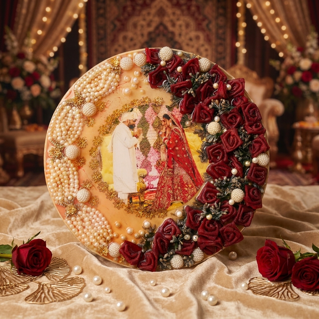 Wedding memory preservation resin plate with photo roses and pearl design