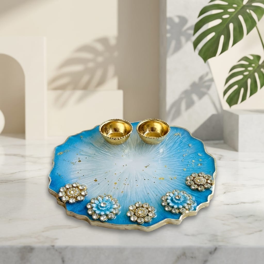Blue Handmade Resin Roli Chawal Tray for Rakhi pooja and festive rituals