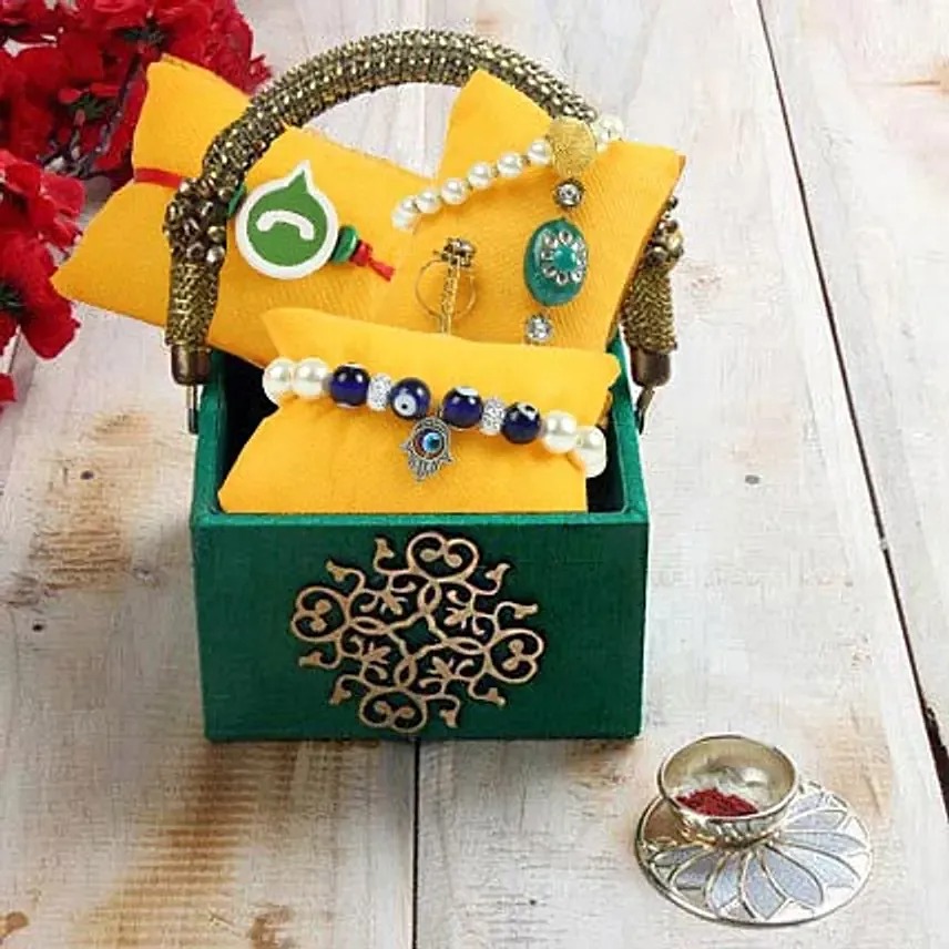 Designer Rakhi Gift Box with handmade rakhi set and roli chawal holder