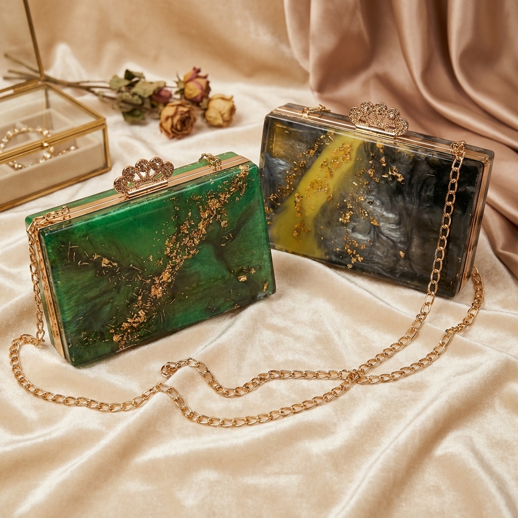 Designer resin clutch with marble texture and gold flakes with chain