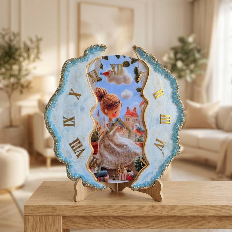 Handmade Baby Girl Resin Wall Clock with gold Roman numerals and pastel blue luxury resin art for nursery decor