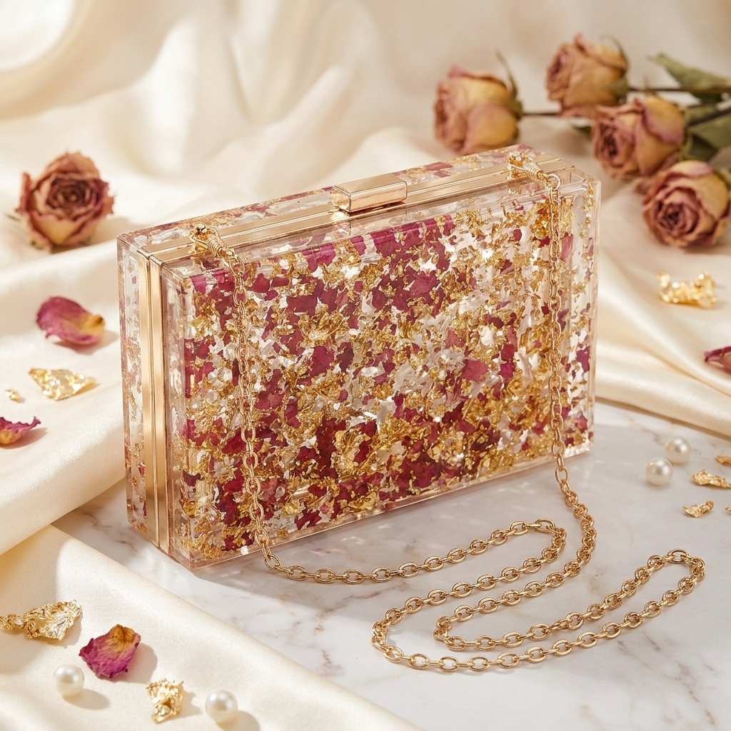 Floral resin clutch with dried rose petals and gold flakes