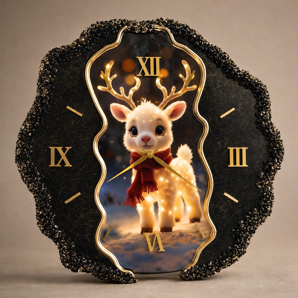 Handmade Deer Resin Wall Clock with gold Roman numerals and luxury black resin design for modern home decor