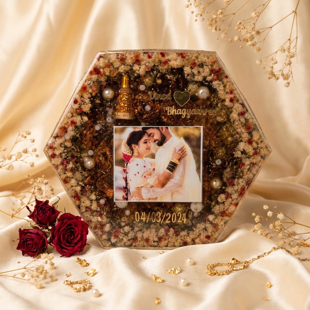 Hexagon Wedding Flower Preservation Frame with couple photo names and preserved flowers