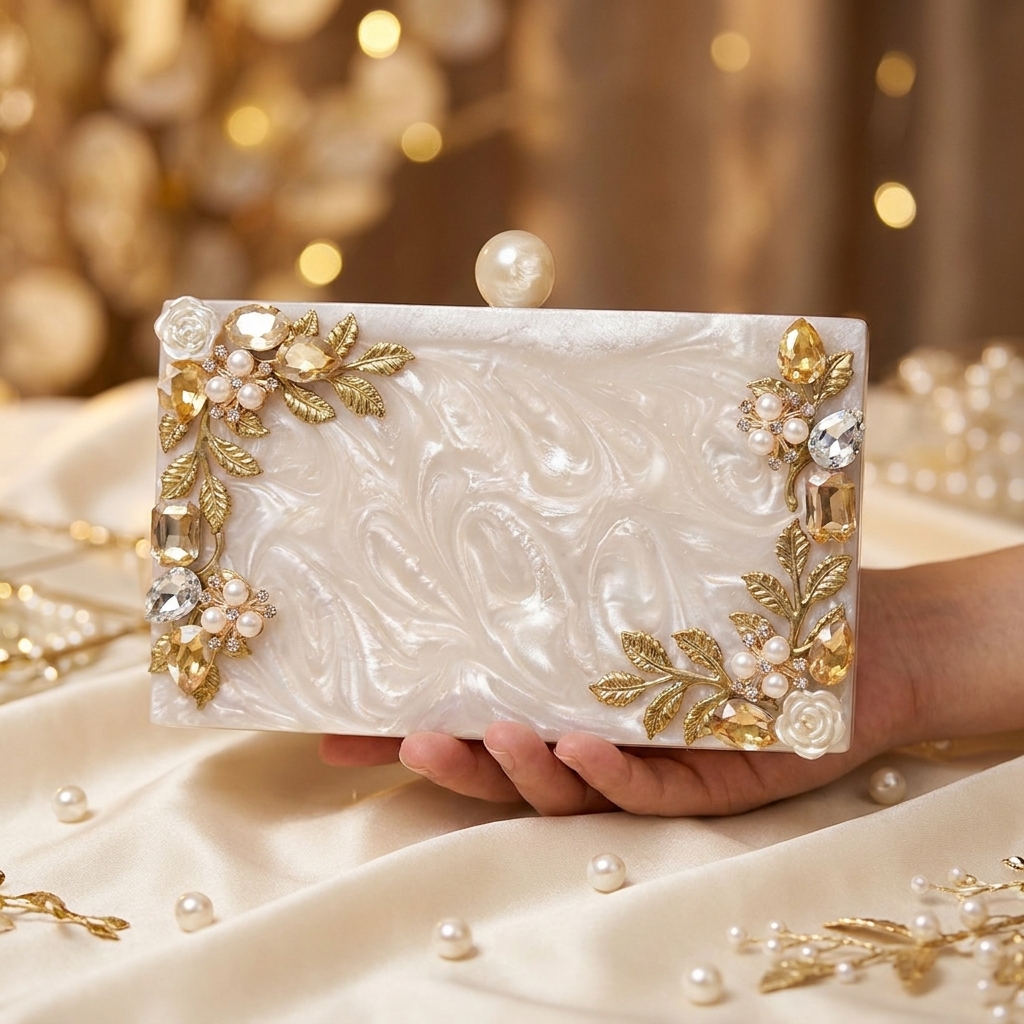 Luxury handmade resin clutch with pearl finish and gold floral embellishments