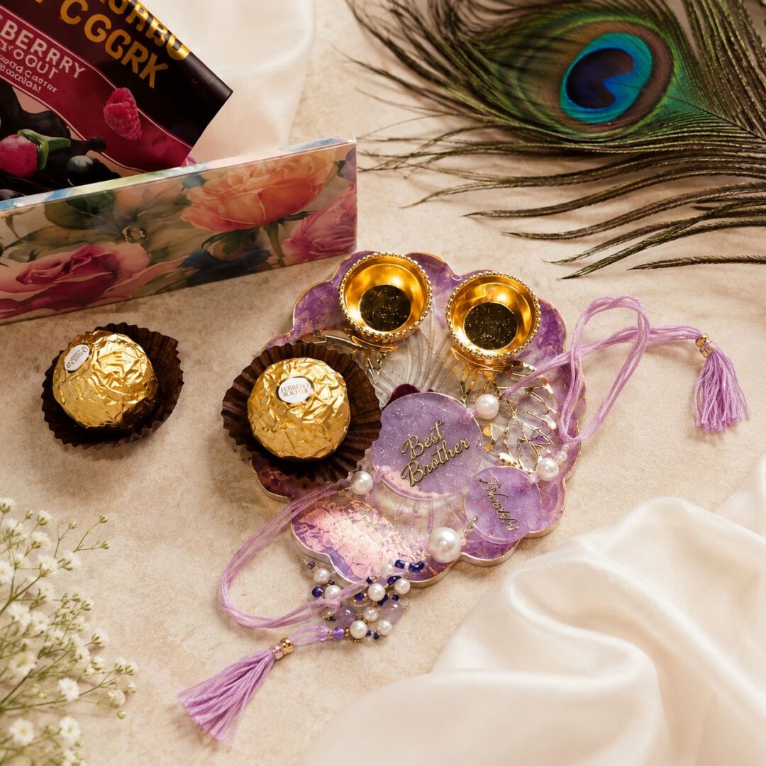 Luxury Resin Rakhi Pooja Set with handmade designer rakhi and festive pooja platter