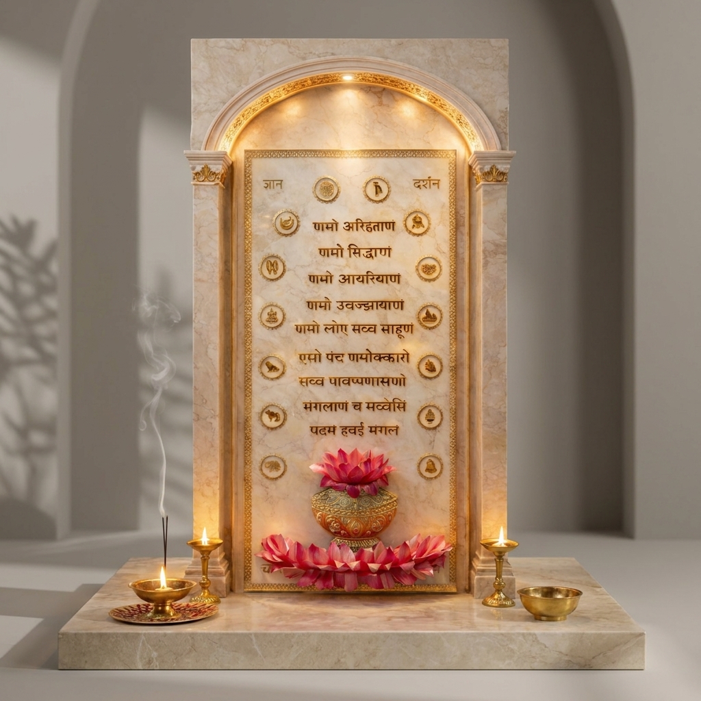 Handmade Jain Navkar Mantra Resin Mandir Backdrop with golden marble finish for home temple décor