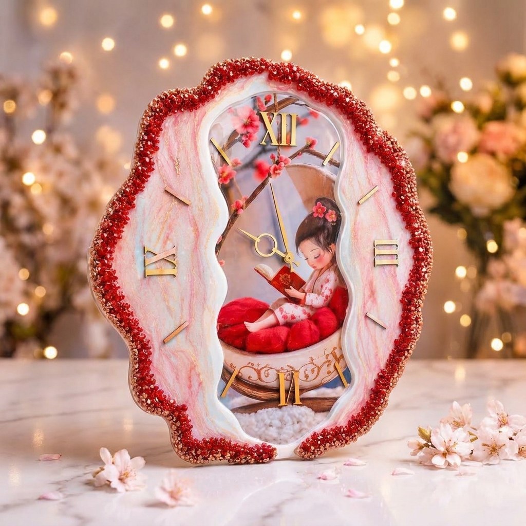 Personalized baby resin wall clock handmade nursery decor with gold Roman numerals