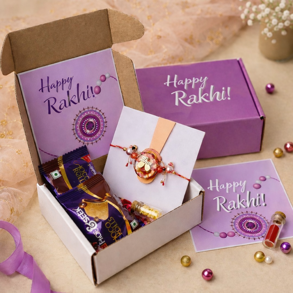 Premium Rakhi Gift Box Set with handmade rakhi chocolates and greeting card