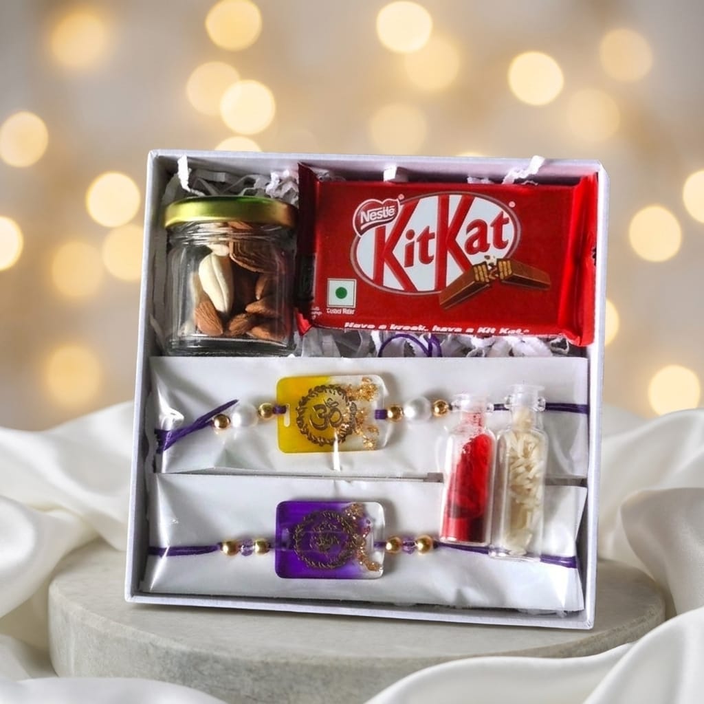 Premium Rakhi Gift Hamper Box with designer rakhi chocolates and dry fruits