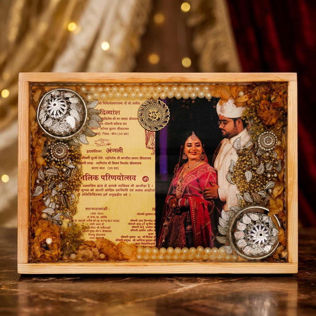 Wedding Flower Preservation Frame with photo, invitation and real flowers in resin