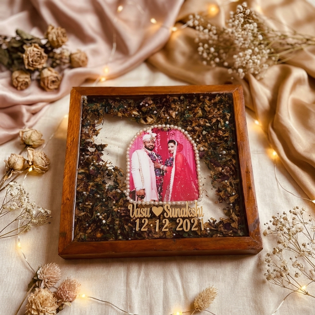 Wedding Flower Preservation Resin Frame with photo names and real dried flowers