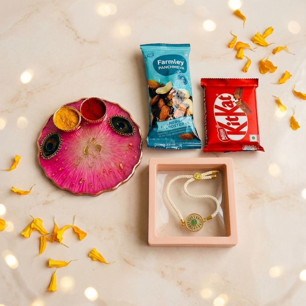 Rakhi Gift Hamper with handmade blue resin pooja plate, designer rakhi, dry fruits and chocolates