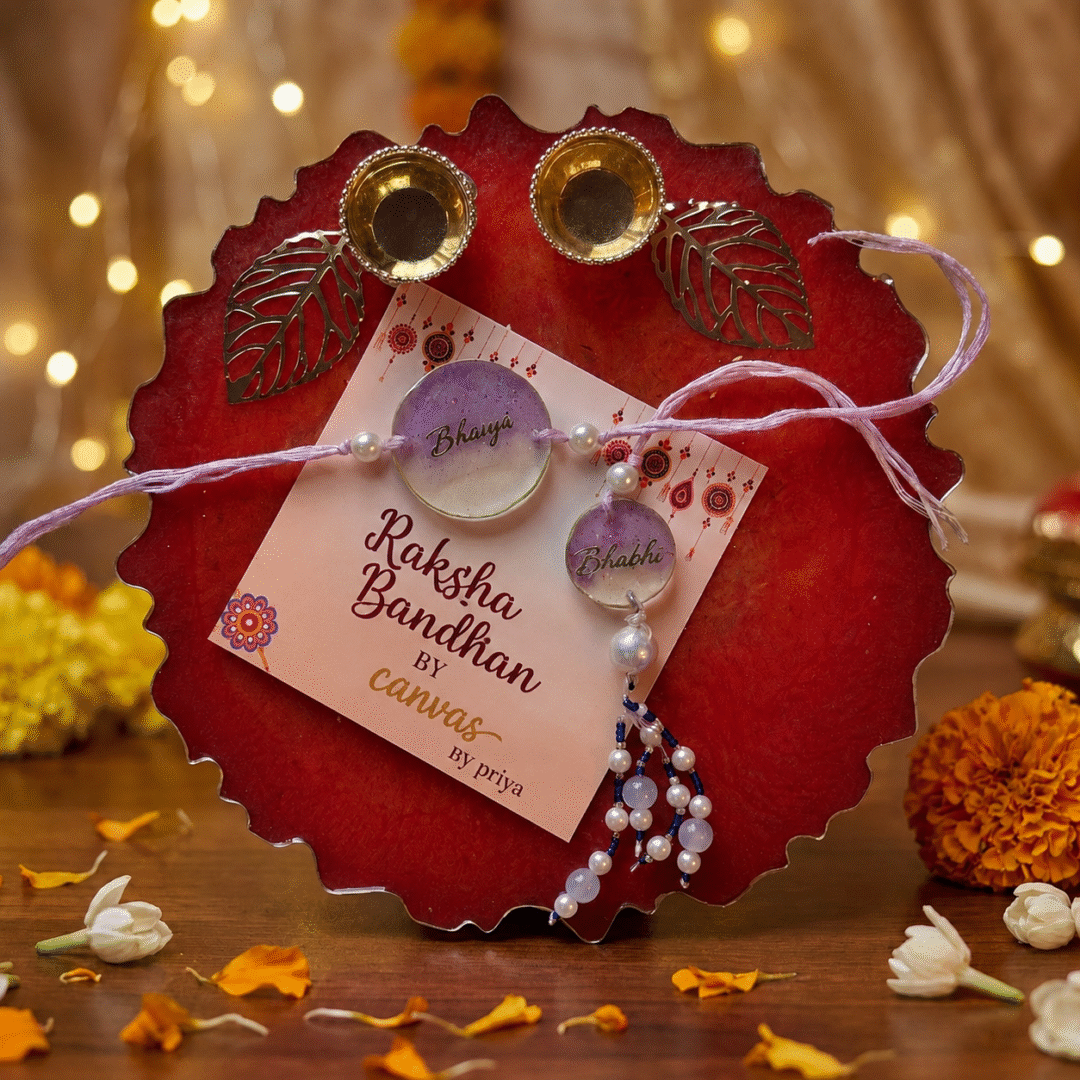 Personalized Bhaiya Bhabhi Rakhi Set with Pooja Plate handmade resin Raksha Bandhan gift