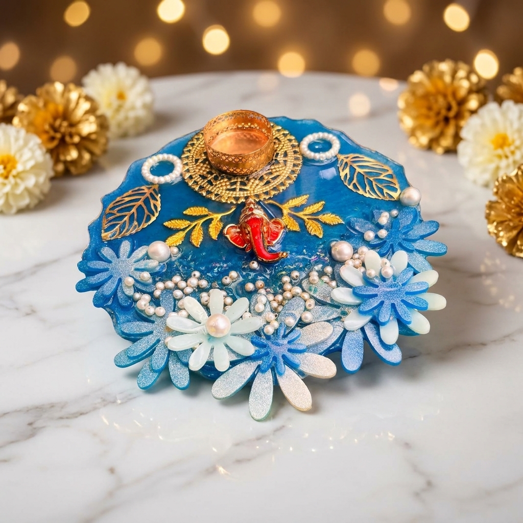 Handmade Resin Pooja Thali with Ganesh motif, blue floral design, pearl embellishments and diya holder