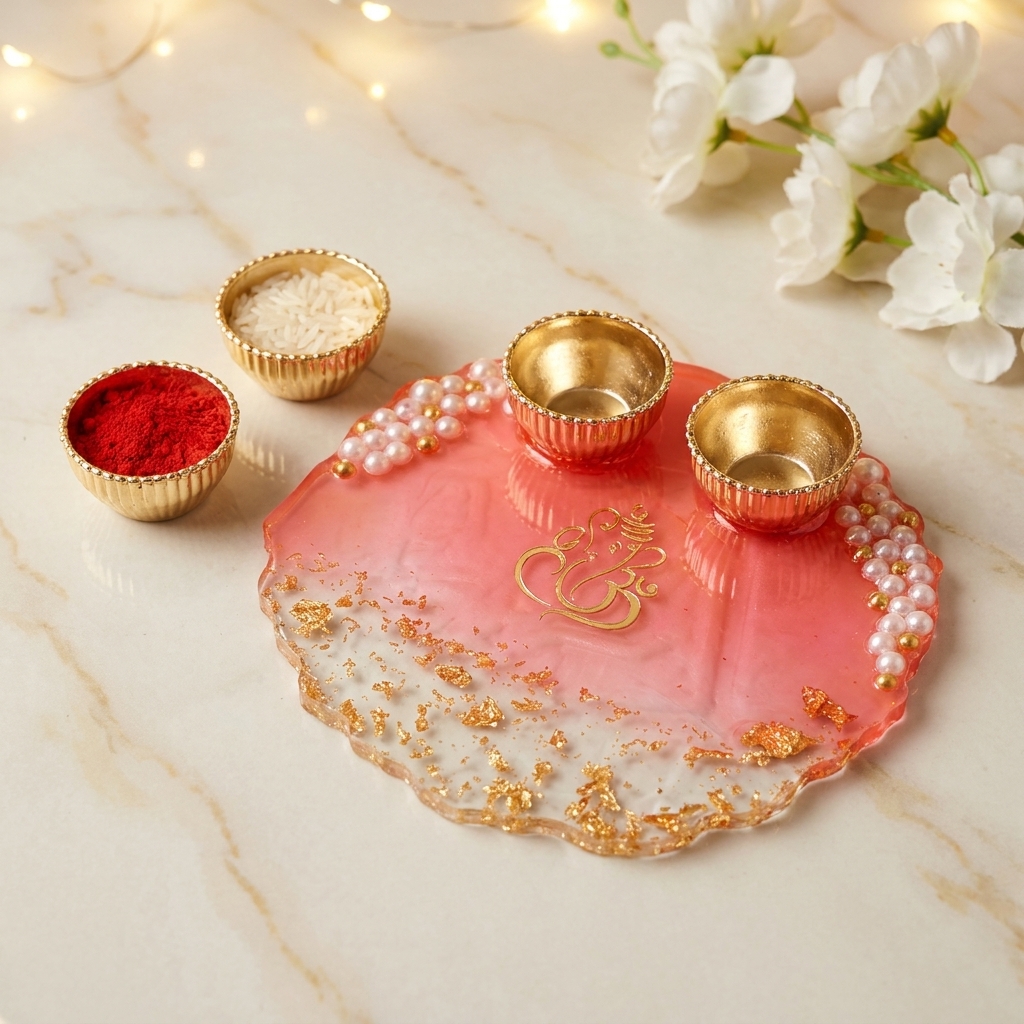 Handmade Resin Pooja Thali with Ganesh motif, pearl embellishments and gold foil detailing