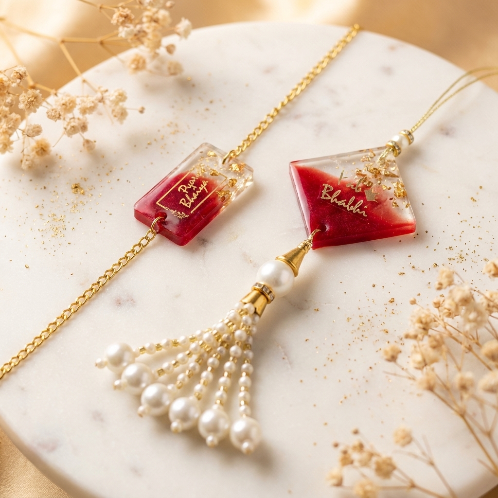 Personalized Bhaiya Bhabhi Rakhi Set handmade with resin, gold flakes and pearl lumba