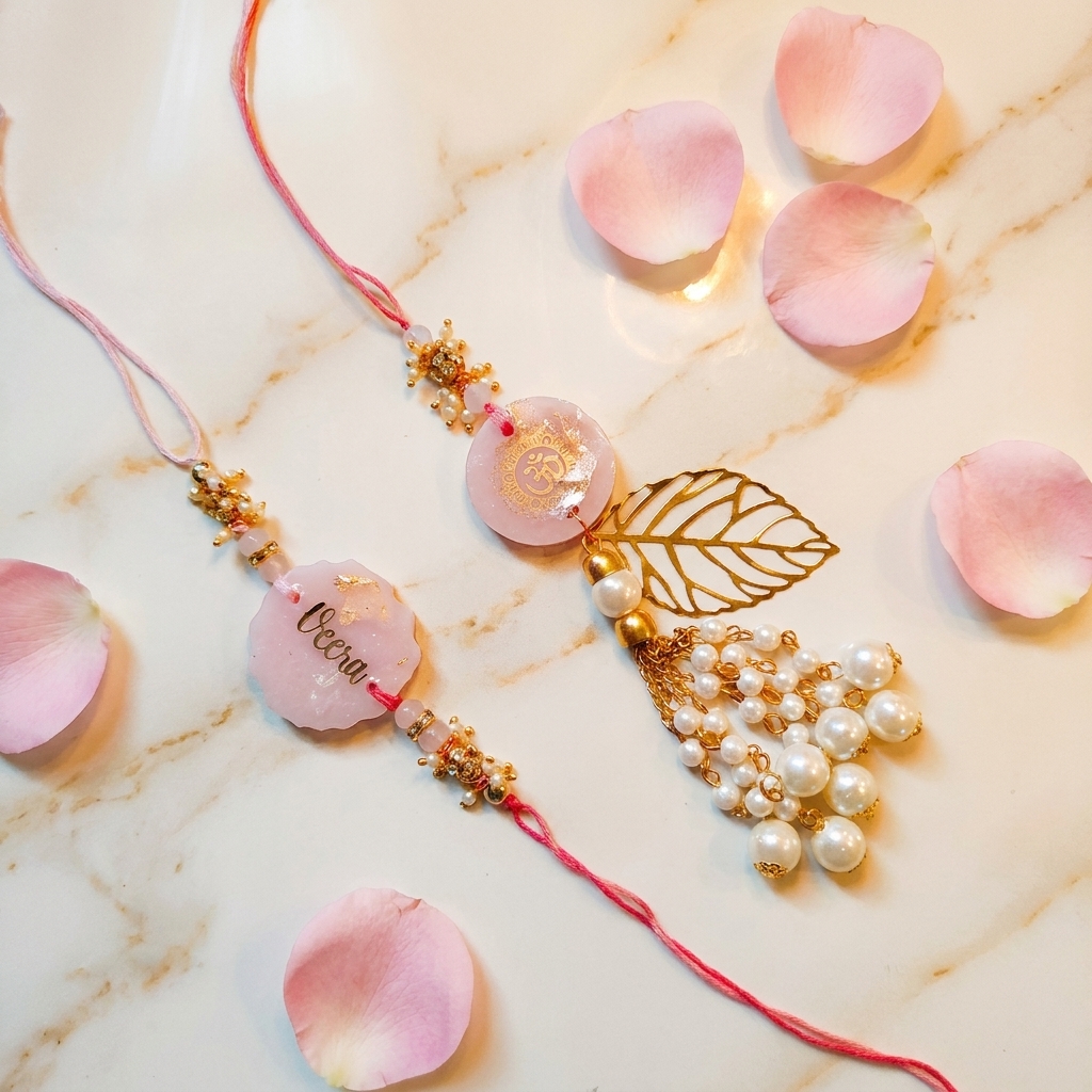 Bhaiya Bhabhi Rakhi Set with personalized handmade resin rakhi and pearl tassel lumba for Raksha Bandhan