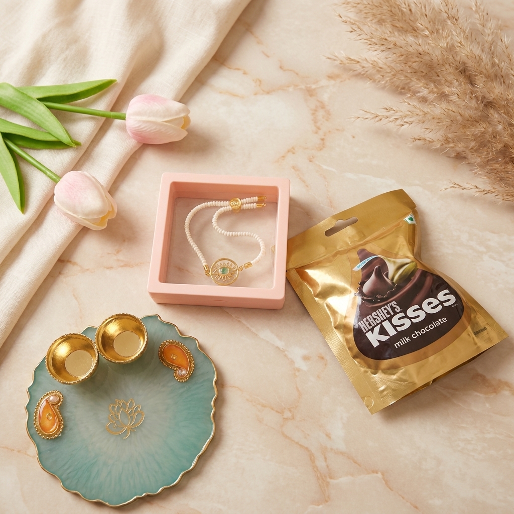 Personalized Rakhi Gift Hamper with custom photo frame, handmade resin pooja plate, designer rakhi and chocolates
