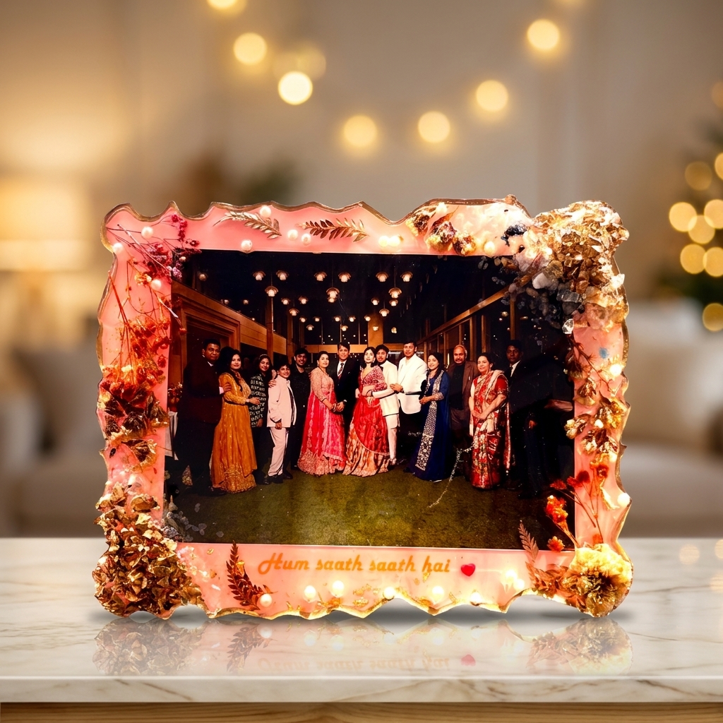 Personalized Resin Photo Frame handmade with gold flakes dried flowers and custom family photo