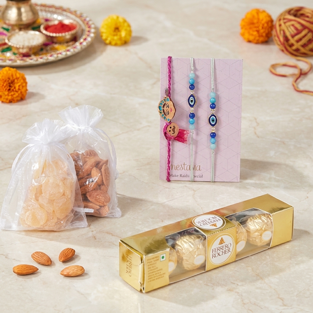 Premium Evil Eye Rakhi Gift Hamper with 2 Evil Eye Rakhis, Ferrero Rocher and Dry Fruits