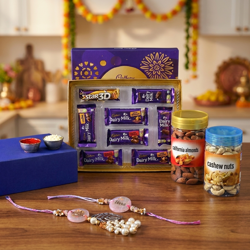 Premium Rakhi Gift Hamper with handmade resin rakhis, Cadbury Celebration Pack, almonds, cashews and roli chawal set