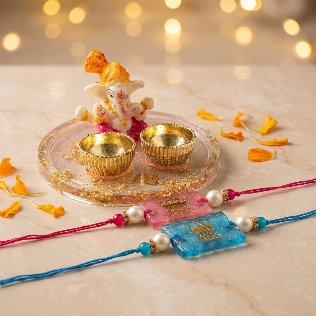 Premium Rakhi Gift Hamper with handmade resin King Bro and Super Sister rakhis and Ganesha pooja set