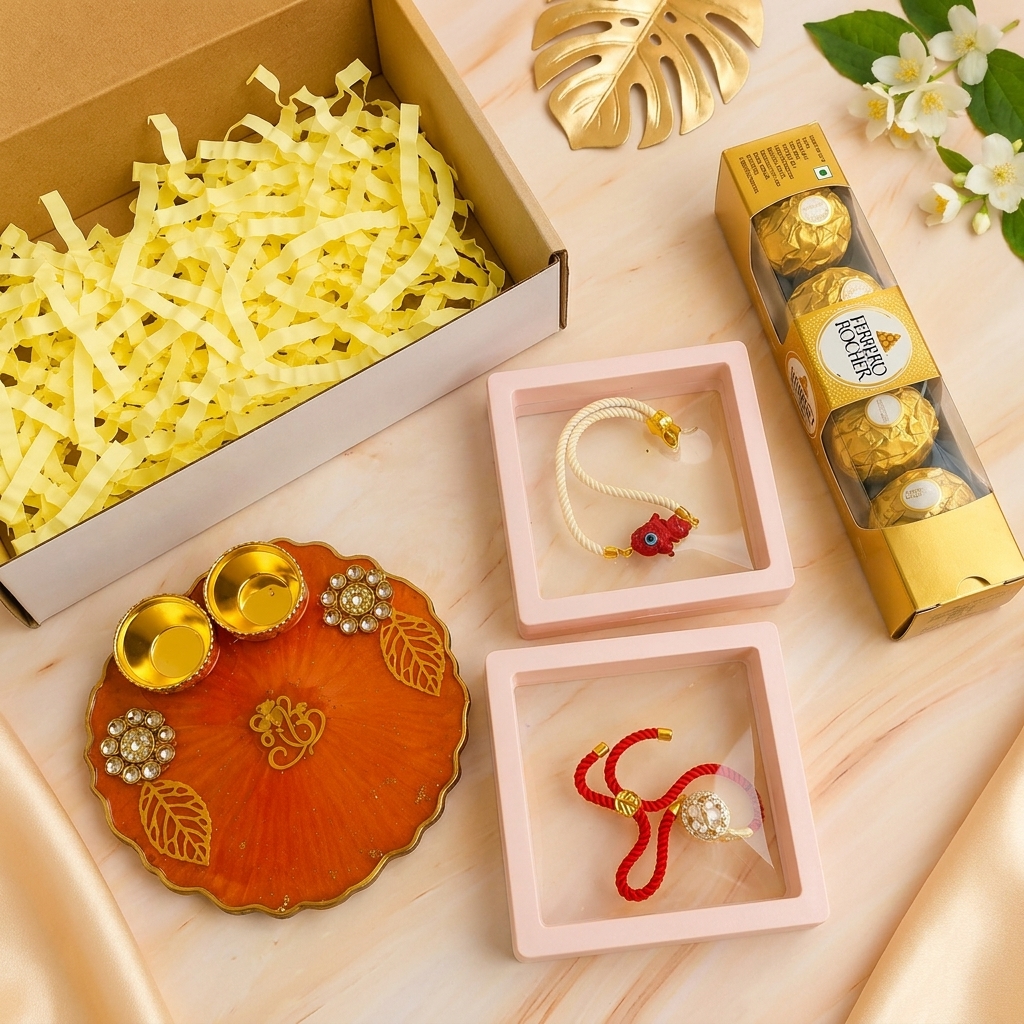 Premium Rakhi Gift Hamper with handmade resin pooja plate, brother sister rakhi set and Ferrero Rocher chocolates