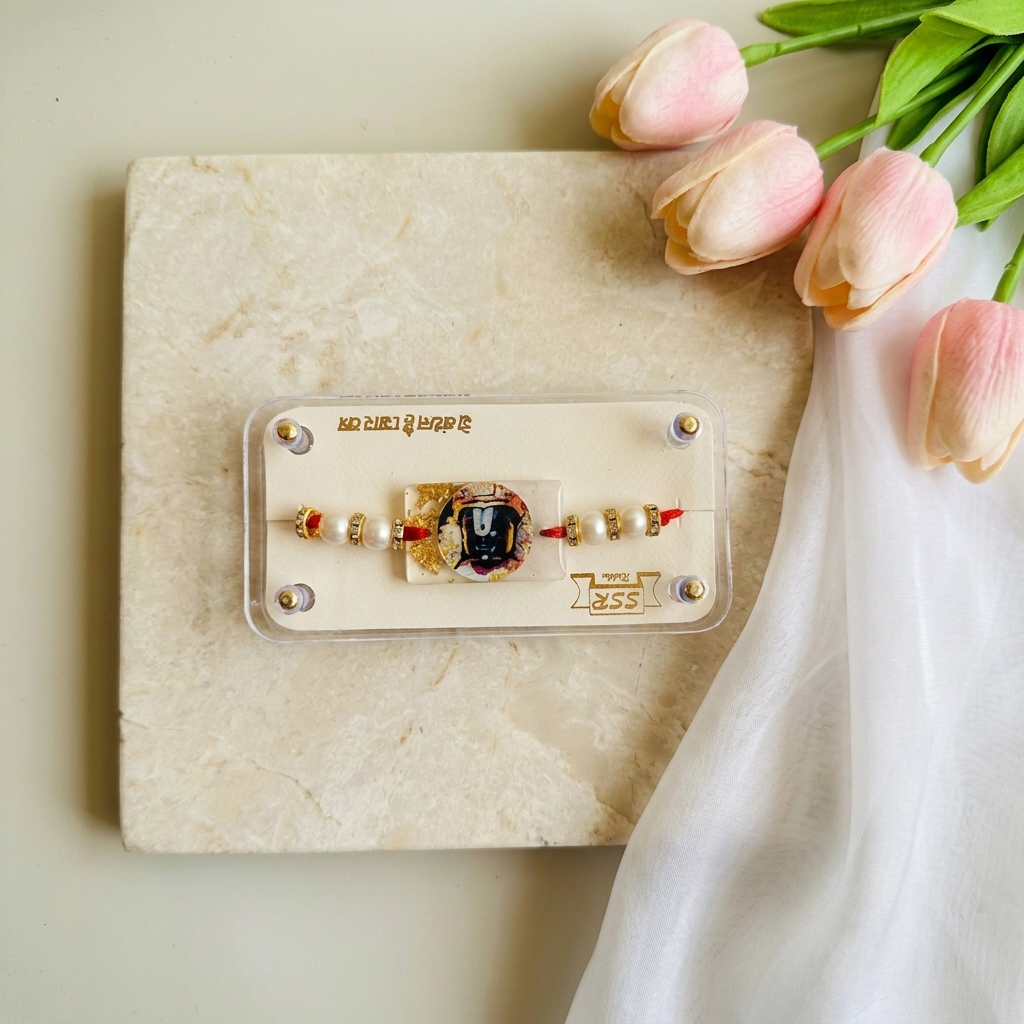 Religious Rakhi with Balaji design, pearl beads and premium handcrafted thread