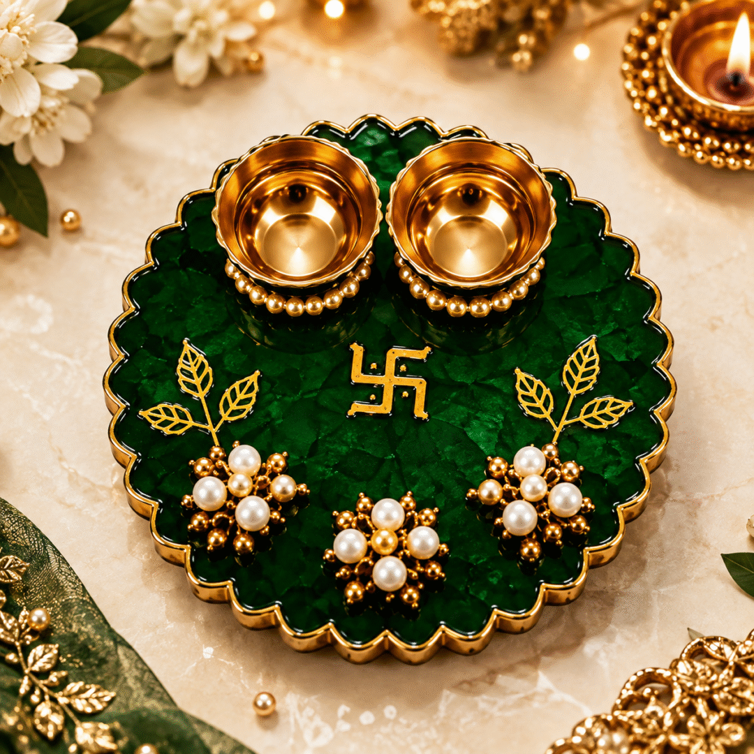 Handmade Green Mini Pooja Thali with golden diya holders and pearl floral design in premium resin