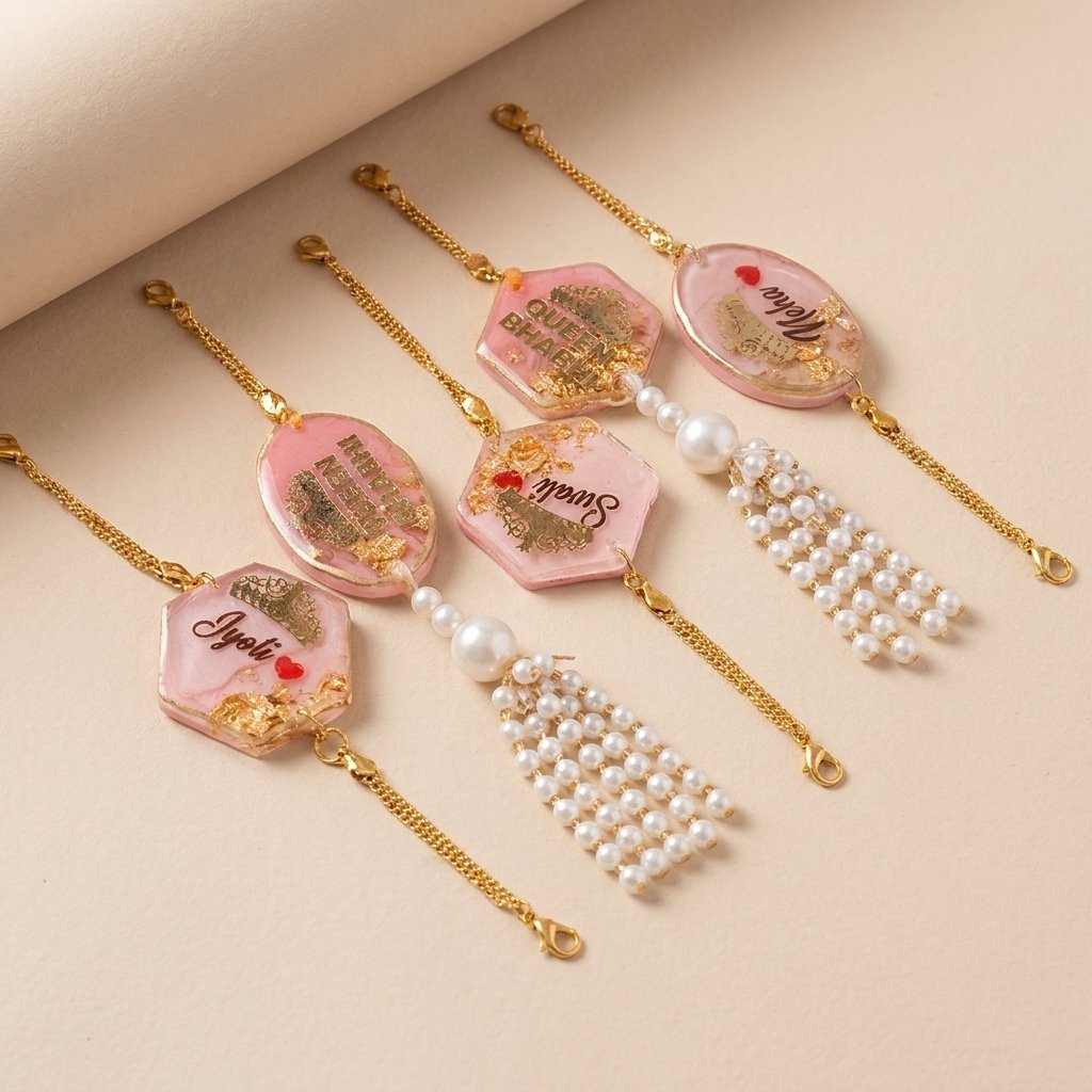 Handmade Resin Rakhi in pink with gold chain, pearl tassels and personalized decorative details