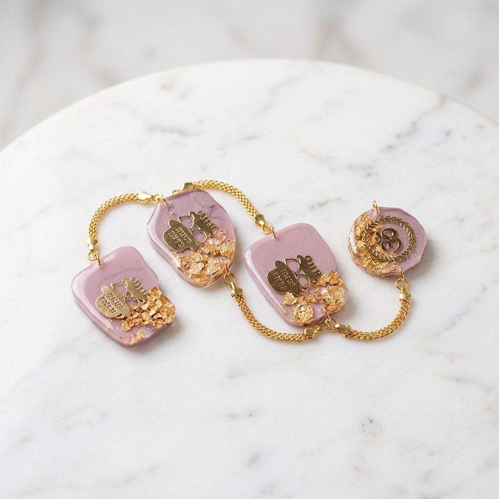 Handmade Resin Rakhi in pink and gold with traditional decorative details for Raksha Bandhan